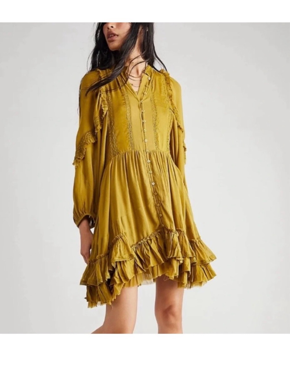 Free People Ambrosia Mini Dress Olive  Yellow Boho Romantic babydoll festival
